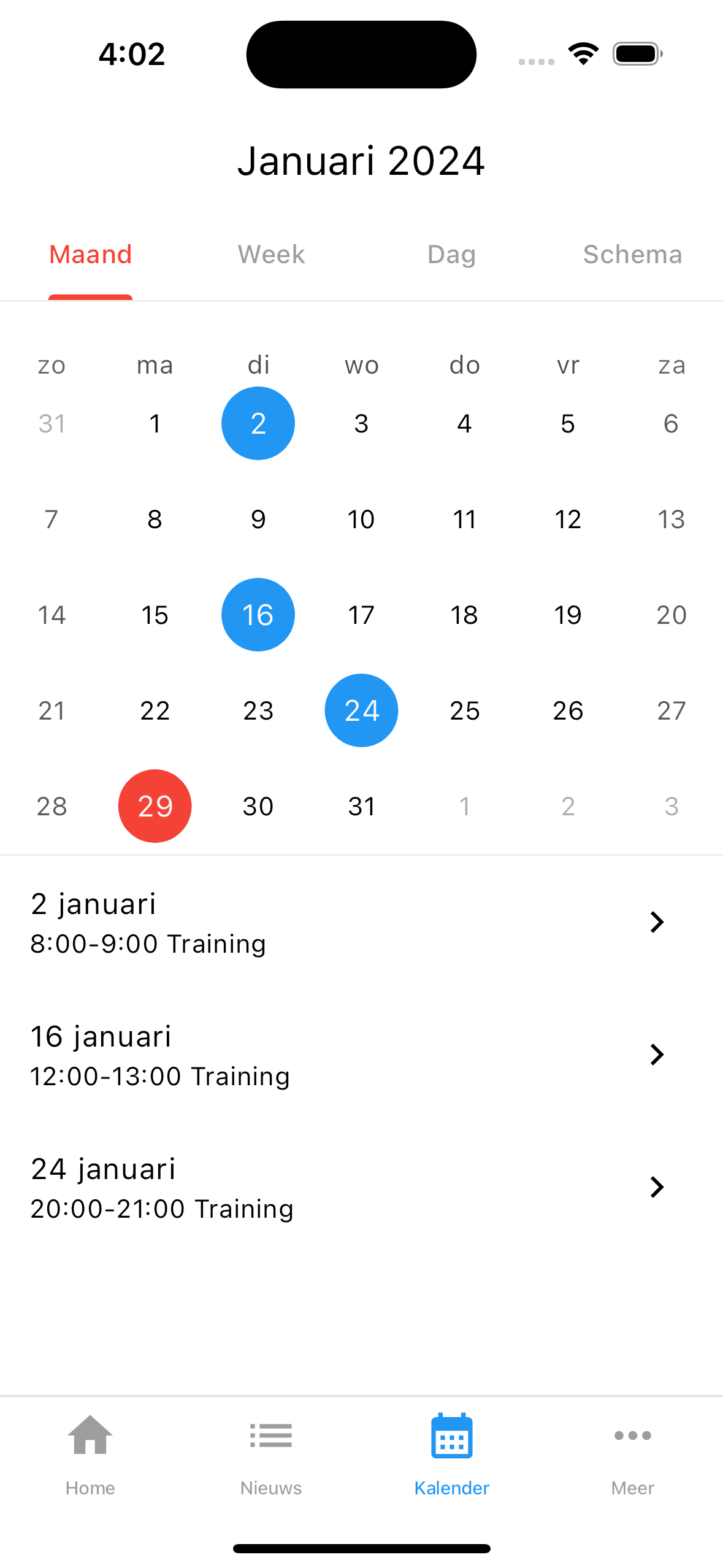Kalender scherm
